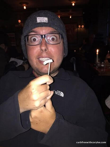 Trying fermented shark. My face says it all I think...